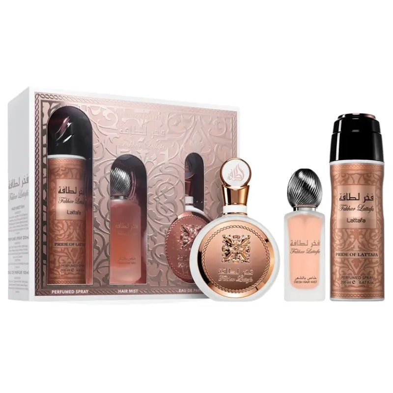 PACK Lattafa Fakhar Rose coffret cadeau pour femme - (Parfum + Hair Mist + Spray)