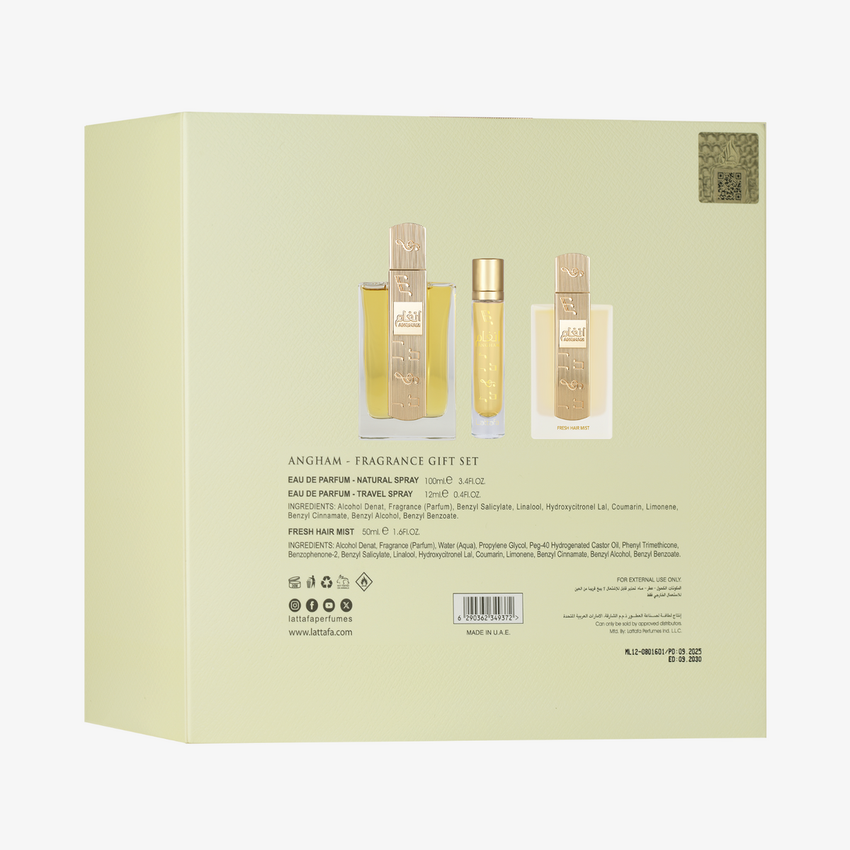 Coffret Angham – Lattafa Perfumes – Eau de Parfum + Format Poche + Hair Mist