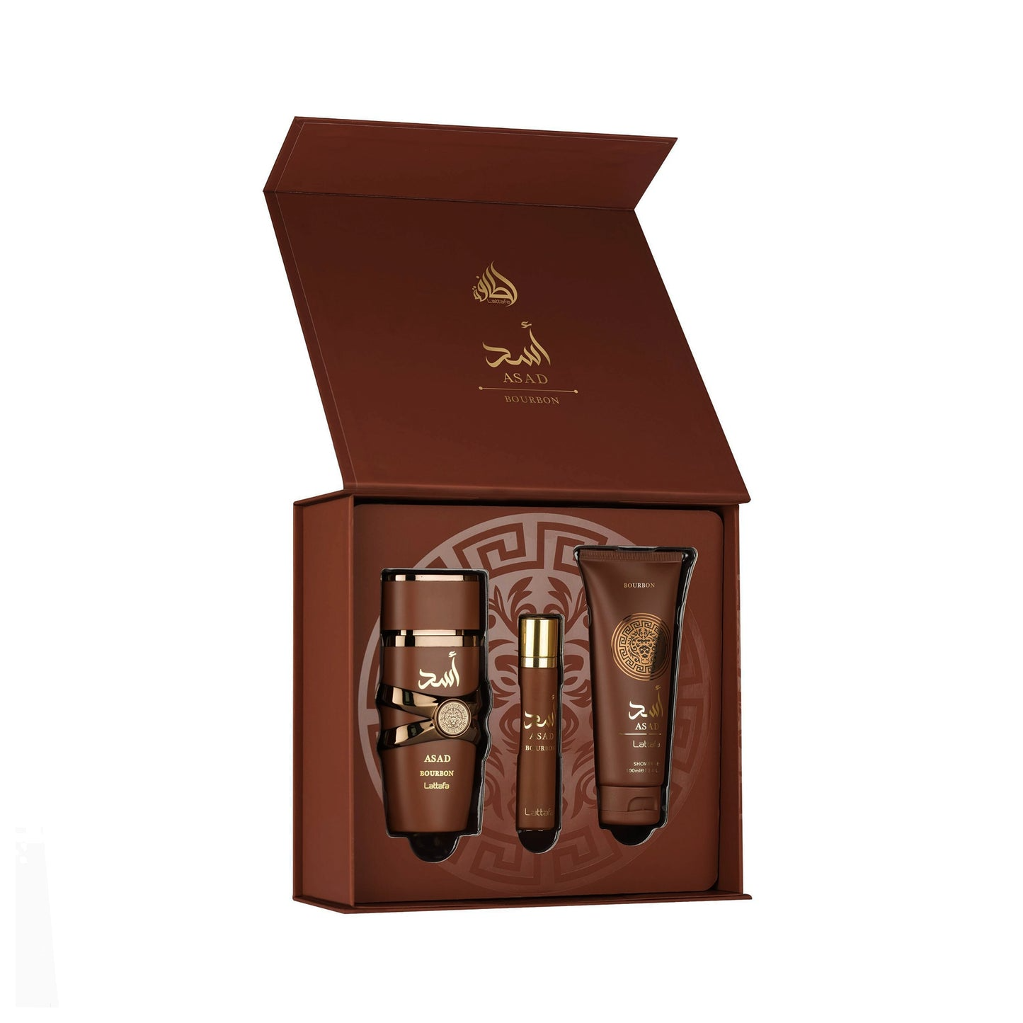 Coffret Asad Bourbon – Eau de Parfum + Vaporisateur Voyage + Gel Douche