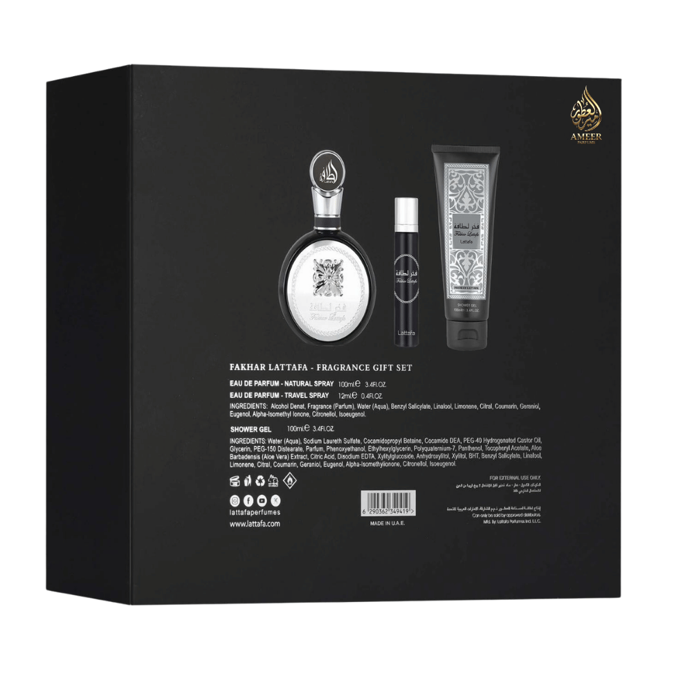Coffret Fakhar Lattafa – Eau de Parfum + Vaporisateur Voyage + Gel Douche