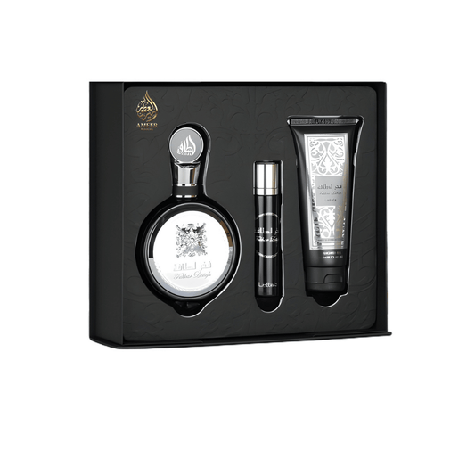 Coffret Fakhar Lattafa – Eau de Parfum + Vaporisateur Voyage + Gel Douche