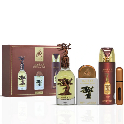 Coffret Eternal Oud de Lattafa – Ensemble parfumé oriental luxueux 4 pièces