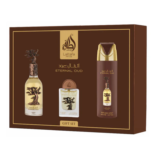 Coffret Eternal Oud de Lattafa – Ensemble parfumé oriental luxueux 4 pièces