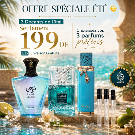 Pack 3 Décants 10ml – Vulcan Feu + Khamrah Waha + Turathi Electric Afnan | Livraison Gratuite