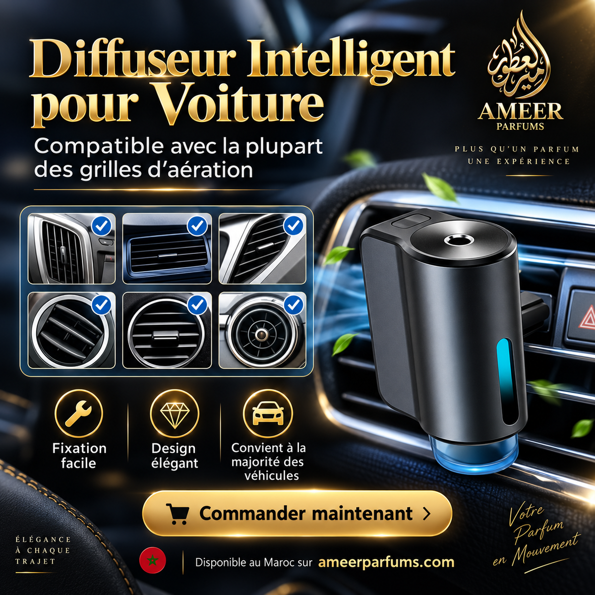 Diffuseur de Parfum Intelligent pour Voiture – 3 Modes + 3 Recharges 10 ml