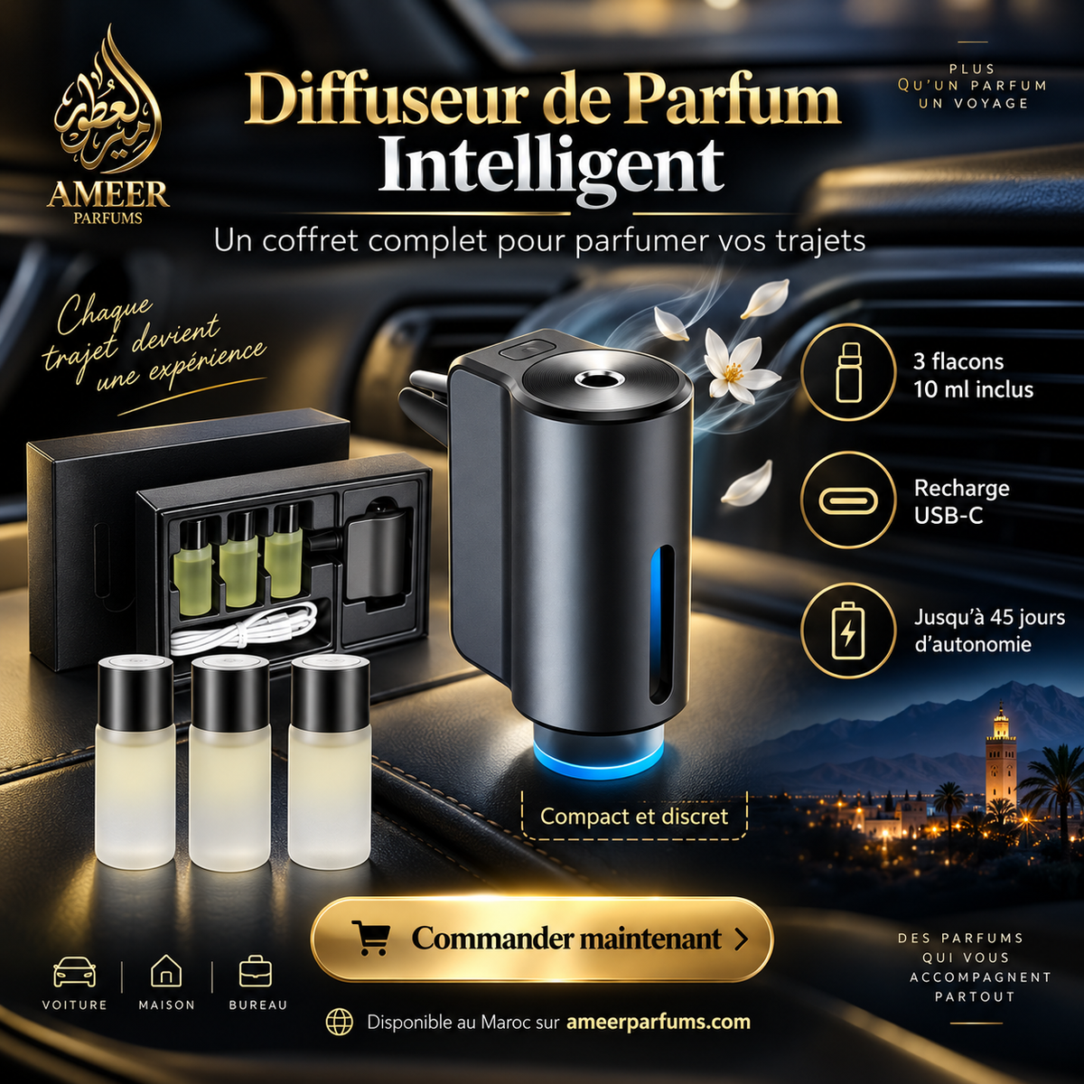 Diffuseur de Parfum Intelligent pour Voiture – 3 Modes + 3 Recharges 10 ml