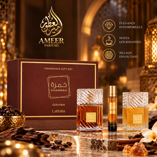 Coffret Khamrah Qahwa – Lattafa Perfumes – Eau de Parfum + Format Poche + Hair Mist